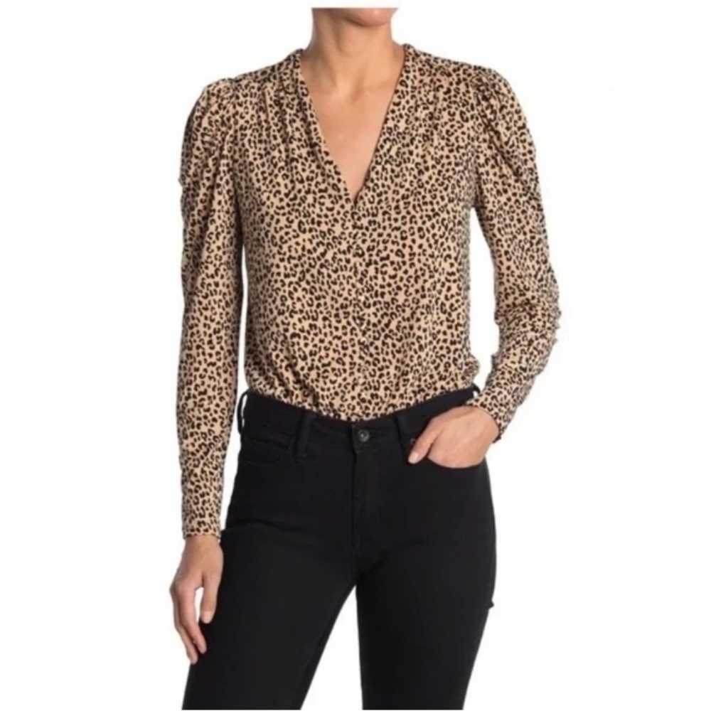 AFRM Neon Green Black Leopard Animal Print Puff Sleeve Bodysuit, 18" PTP, Sz XS